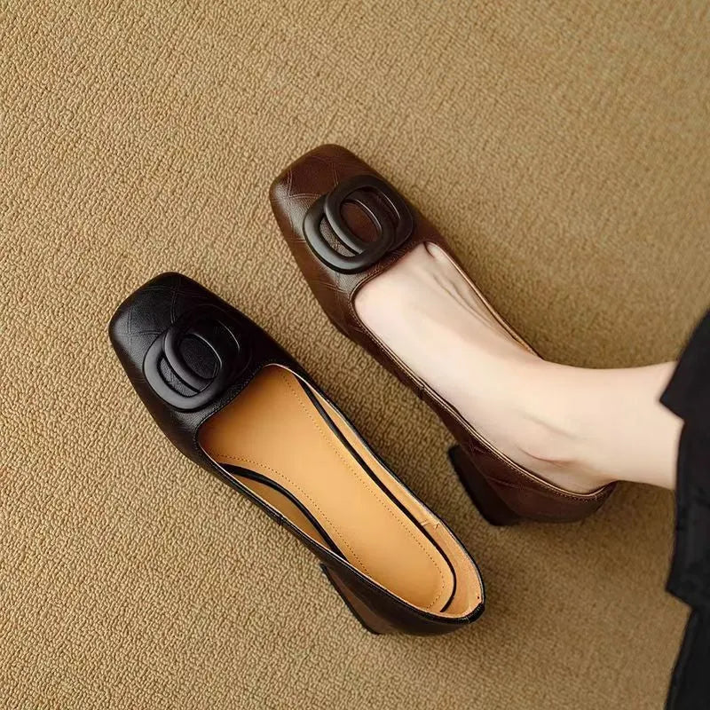 Women's sheepskin chunky heel pumps in black, square toe, low top, with buckle detail