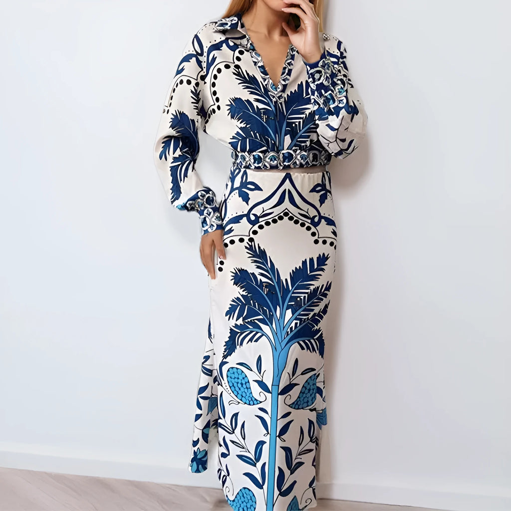 Early spring casual fashion set with long sleeve top and long skirt in picture colour.