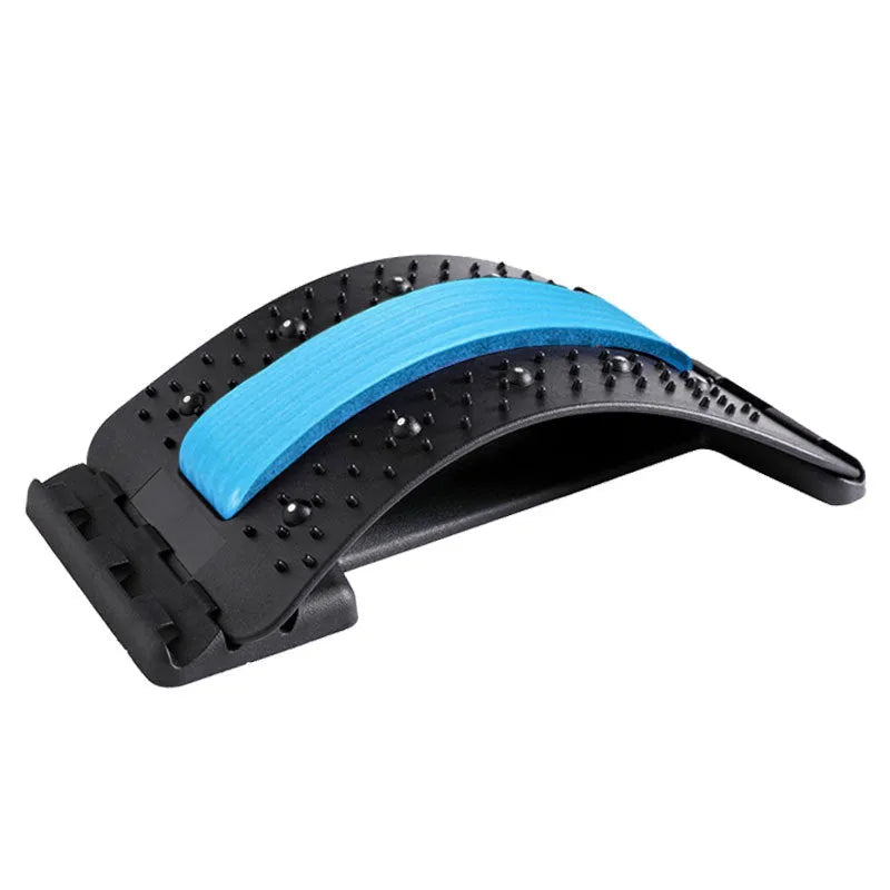 Adjustable back massager and lumbar stretcher in black and colour options, showing massage points.