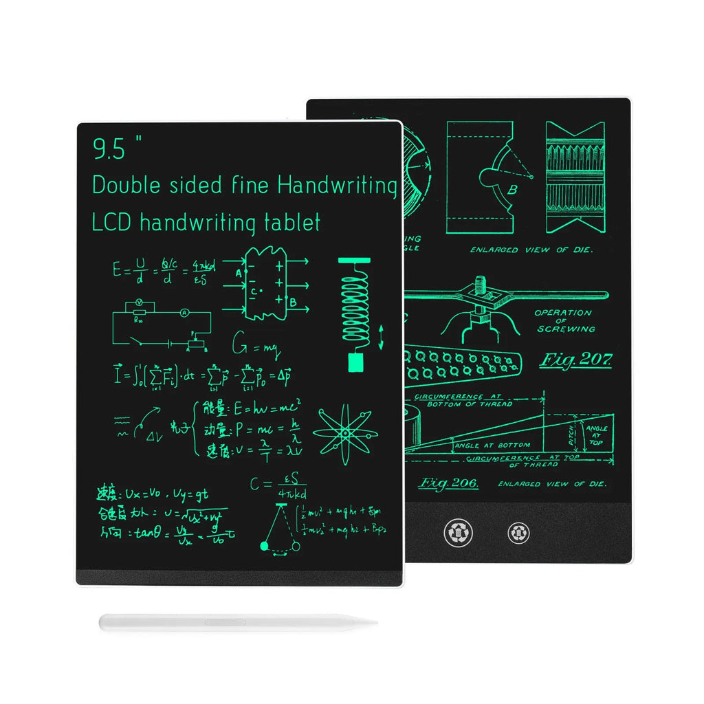 9.5 inch double side screen LCD handwriting board in black with stylus pen on desk