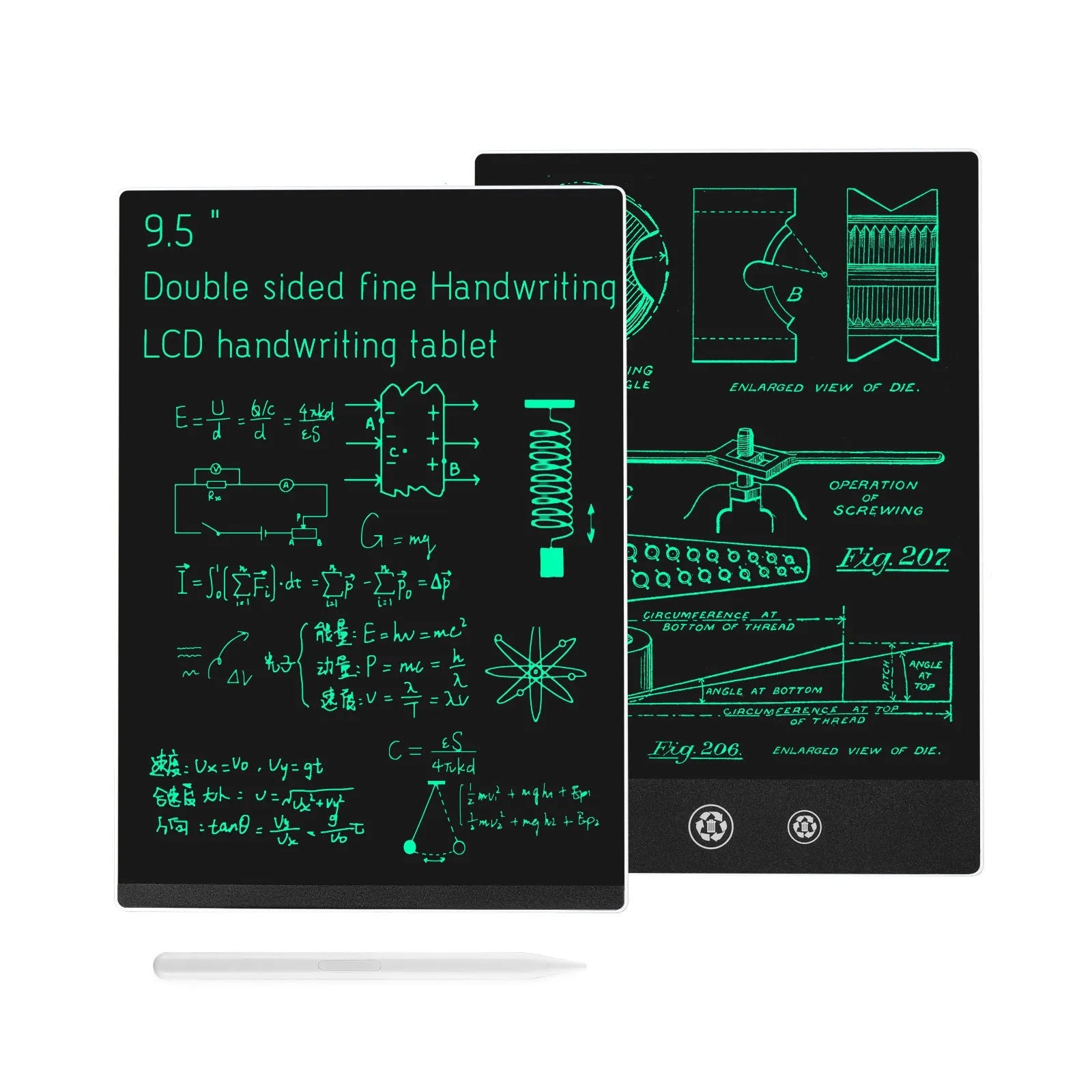 9.5 inch double side screen LCD handwriting board in black with stylus pen on desk