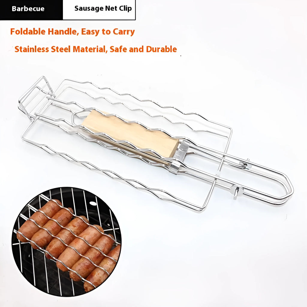 Stainless steel removable folding outdoor barbecue net, square modern style, with black handle, placed over charcoal fire.