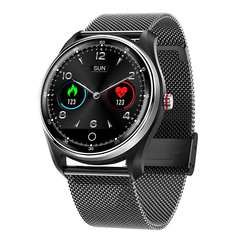 Heying smart bracelet men's sports watch with metal body and touch/button control, showing step counter and heart rate monitor functions.