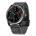 Heying smart bracelet men's sports watch with metal body and touch/button control, showing step counter and heart rate monitor functions.