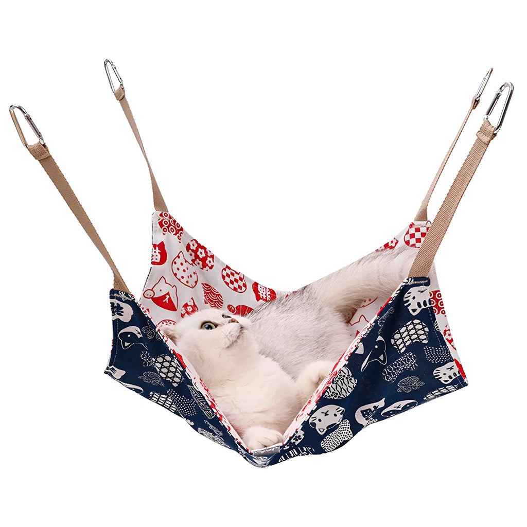 Yellow cotton linen cat hammock with metal hanging hook, shown suspended.