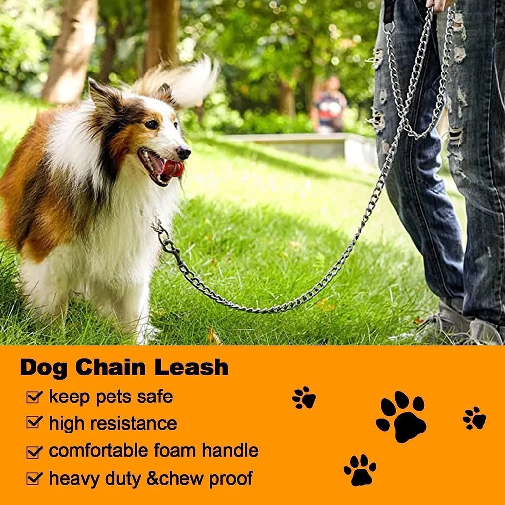 Heavy duty metal dog chain leash with a soft black padded handle, shown with a red colour option.