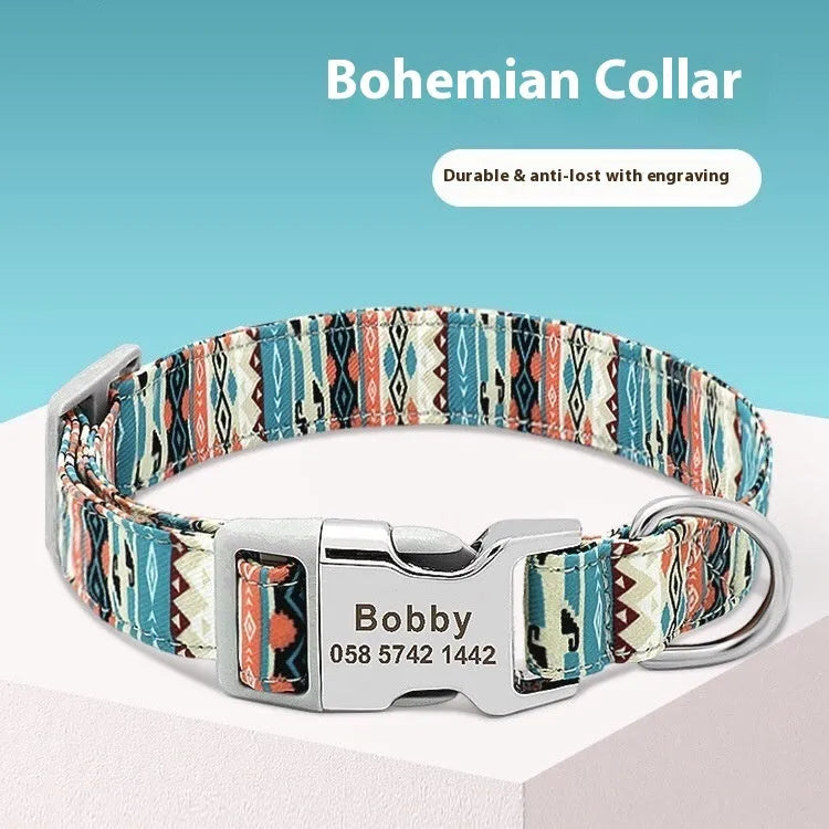 Canvas dog collar with striped bohemian pattern and adjustable semi-metal buckle for medium large dogs