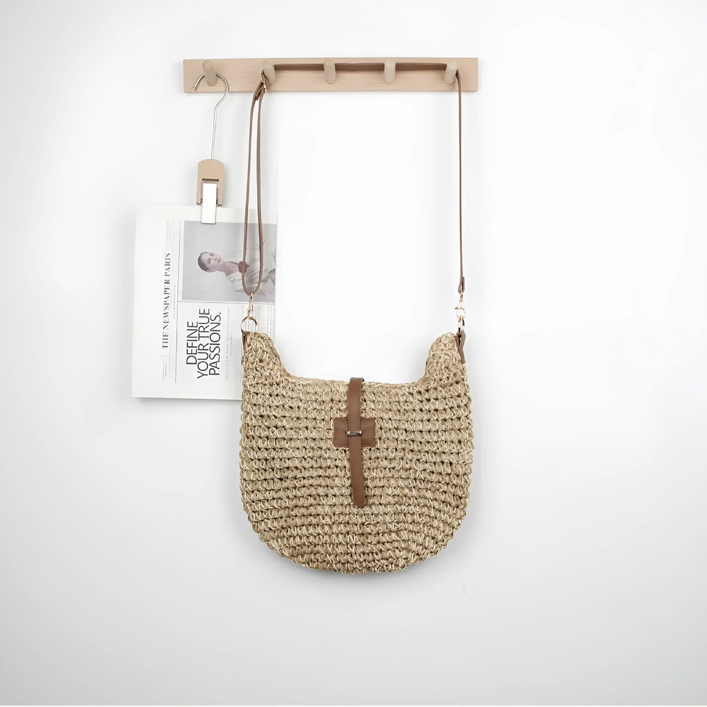Handmade woven fashion bag with sandwich pocket construction in beige colour