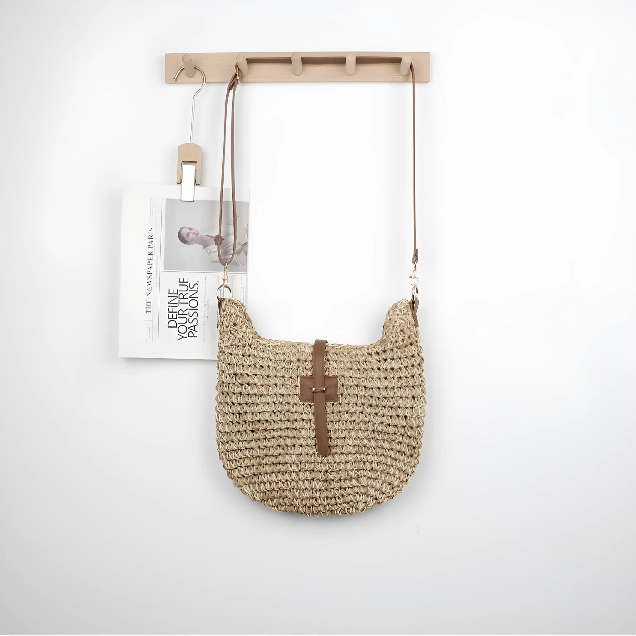 Handmade woven fashion bag with sandwich pocket construction in beige colour