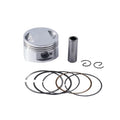 Motorcycle engine piston kit showing aluminium piston, rings, and pin for 57.4mm cylinder diameter