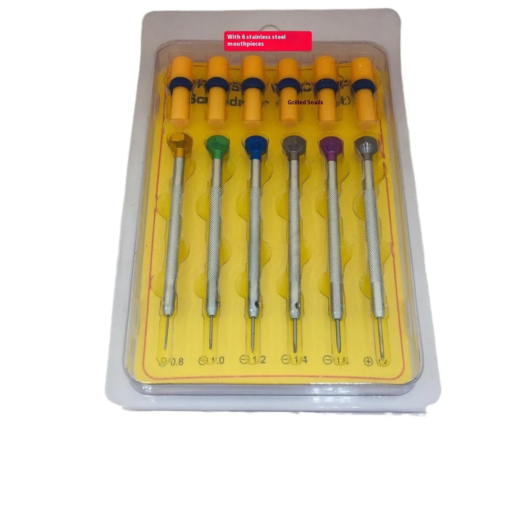 6 colour-coded watch repair screwdrivers with aluminium handles and spring steel cutter heads