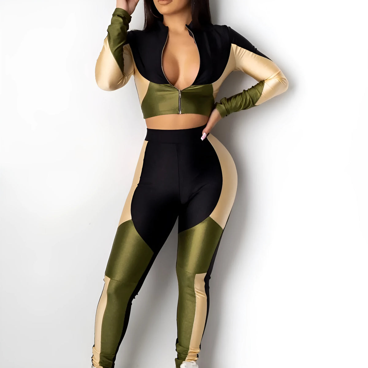 Women's three-colour stitching long-sleeved sports two-piece suit in green, red or purple, elastic satin top and trousers, sizes S-XL