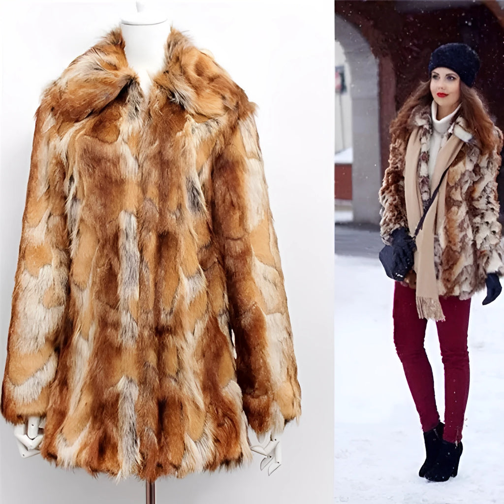 Women's slim-fit faux fur leather jacket featuring a tiger pattern, shown in medium length.