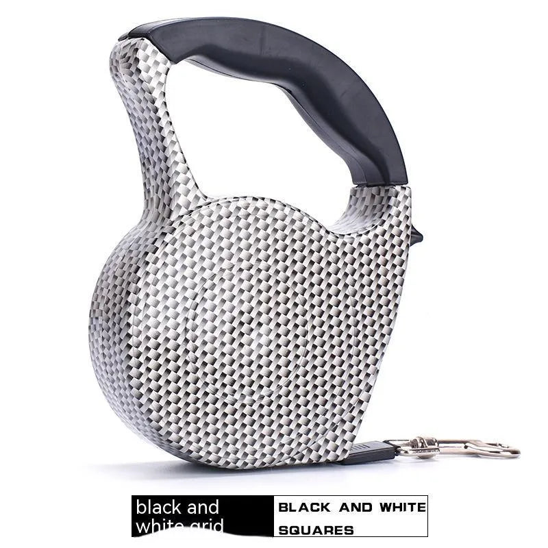 Automatic retractable dog leash with plastic housing and 5 metre long 1cm wide patterned band