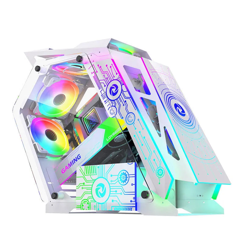 Table-type SECC metal computer chassis for desk integration with RGB fan lighting.