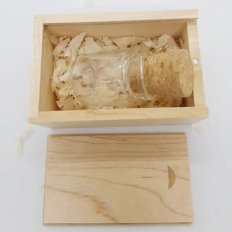 Wooden wish drift bottle USB disk with transparent finish showing internal components, 60x28mm size