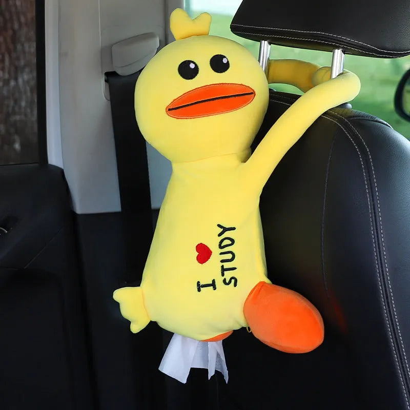 Soft plush car headrest tissue box holder in a cute animal character style.