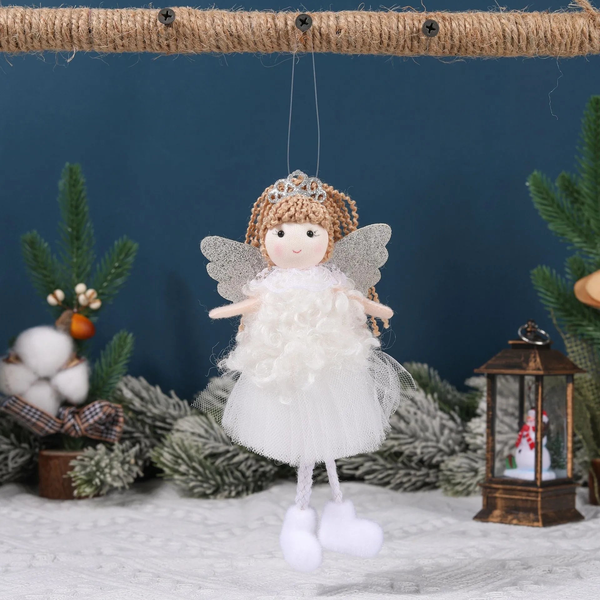 Cartoon angel girl cloth hair pendant with crown and high ponytail in white, pink, and khaki.