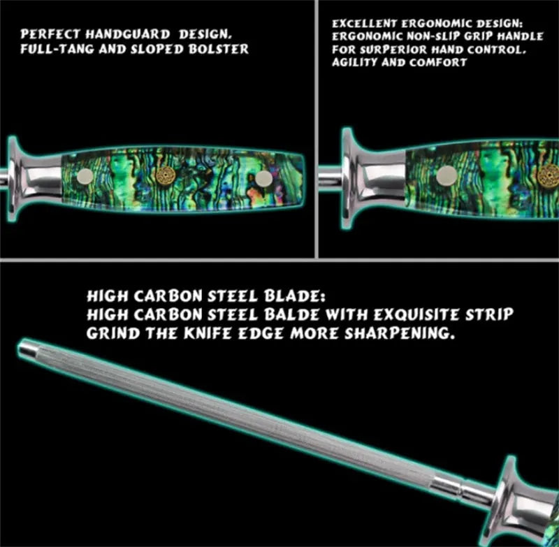 High carbon steel kitchen knife sharpener with abalone shell handle showing 2.2mm thickness