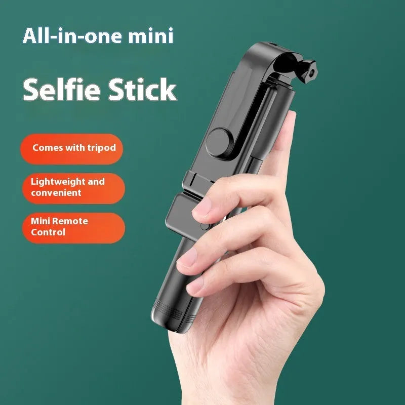 Mobile phone Bluetooth selfie stick tripod with self timer extended to 70cm on a white background in black colour