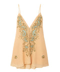 Light yellow ethnic print women's skirt with V-neck and strapped sleeveless design