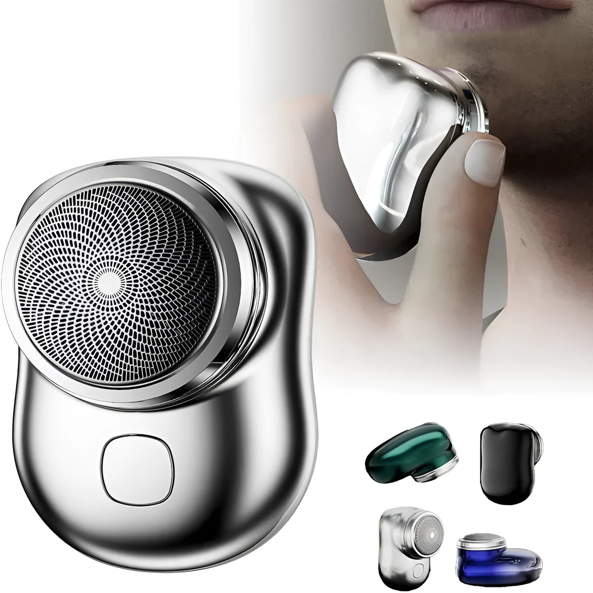 Mini portable USB rechargeable electric shaver with rotary 1-blade head, aluminium body, silver colour, wet and dry use
