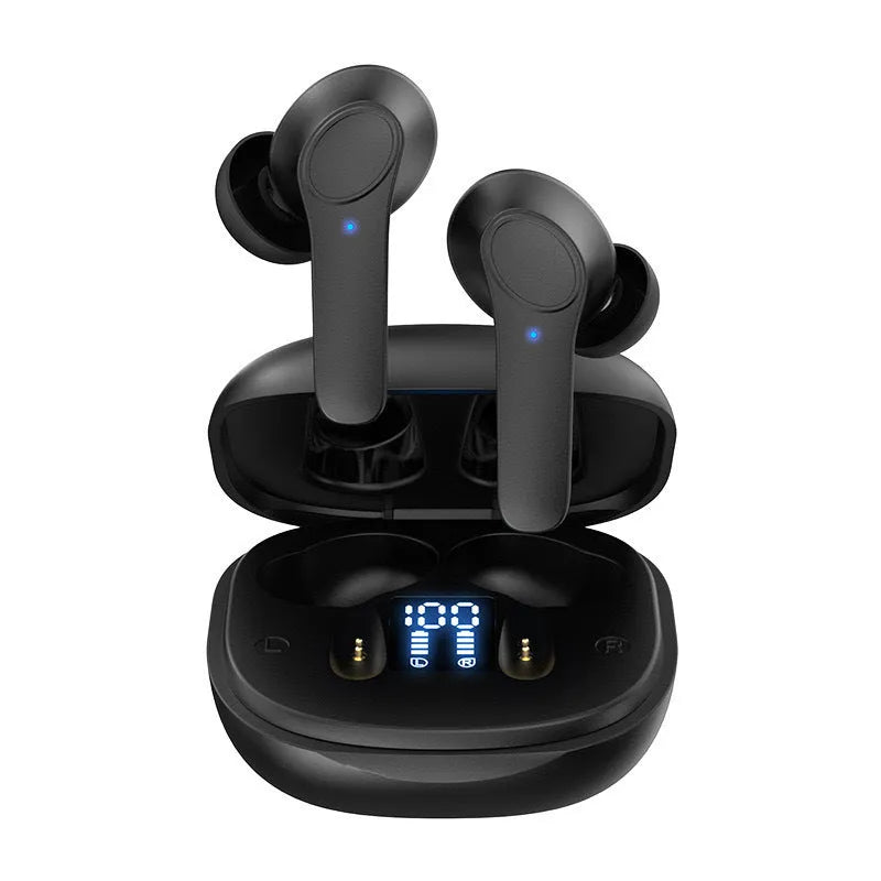 Black wireless Bluetooth translation headphones with touch controls and silicone earmuffs