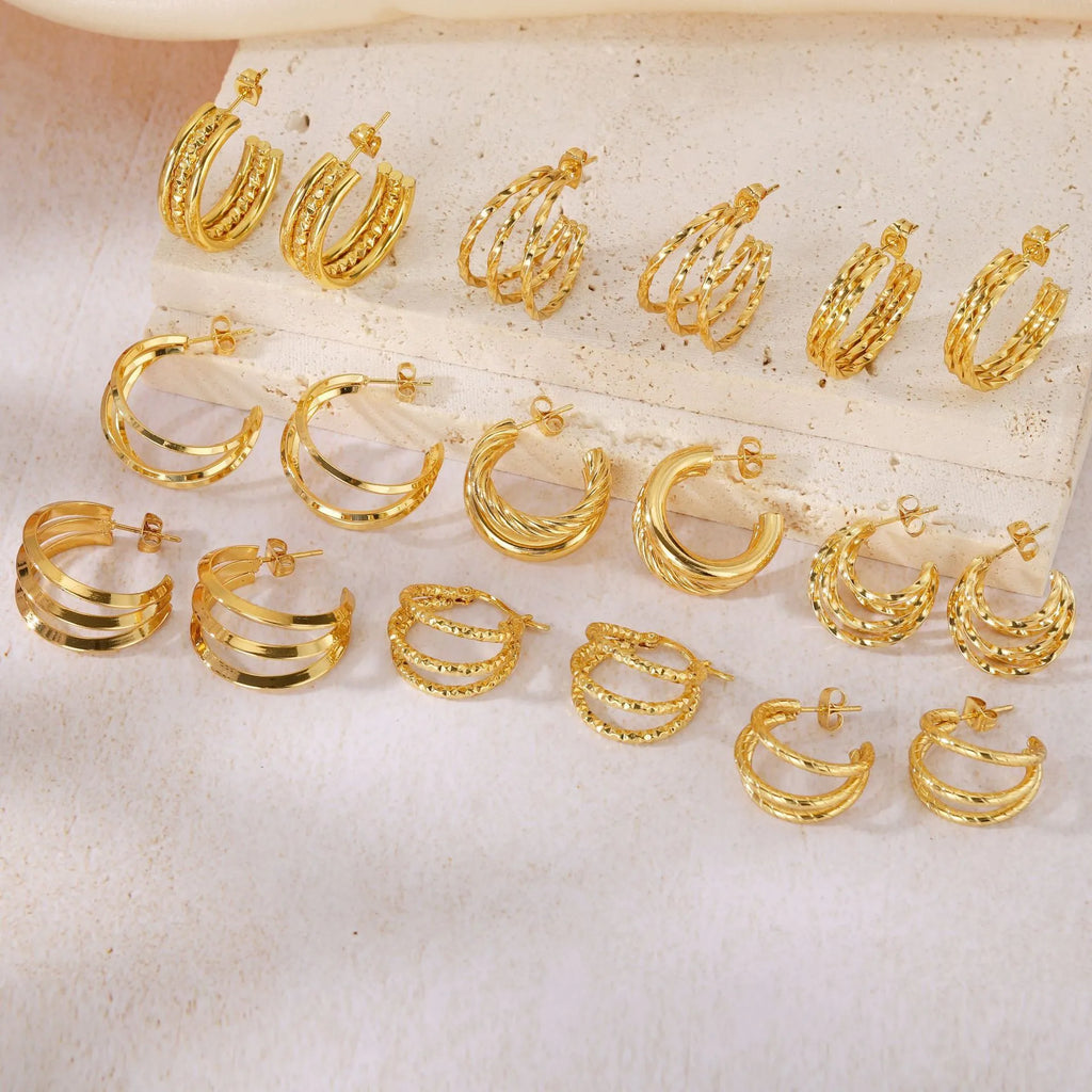 Geometric line splicing earrings in gold titanium steel, 25mm size, for sensitive ears