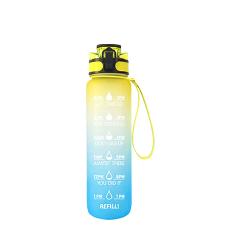 Transparent 1000ml plastic water bottle showing clear Tritan construction with visible liquid