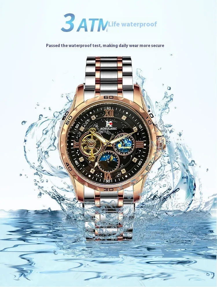 Men's rose gold and black automatic mechanical watch with a large 42mm dial on a leather strap