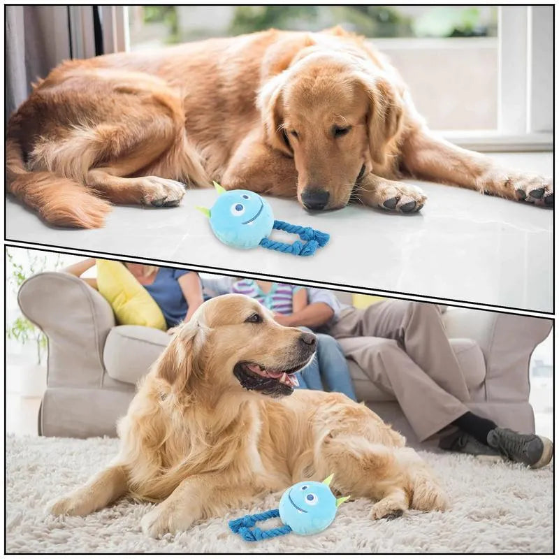 Blue cotton rope dog squeaky toy with strong knot design and cartoon animal shape