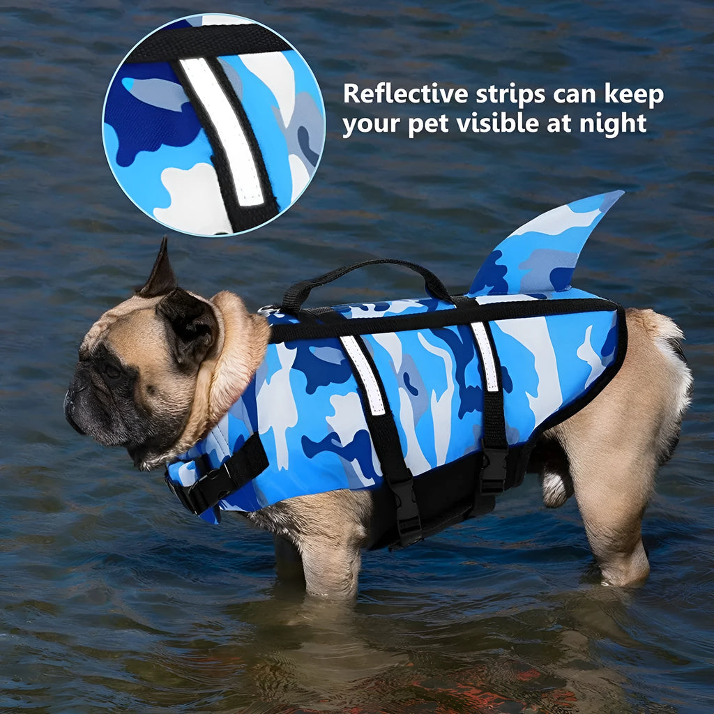 Dog lifesaving swimming suit in camouflage shark design, available in blue or rose red, sizes XS to XXL