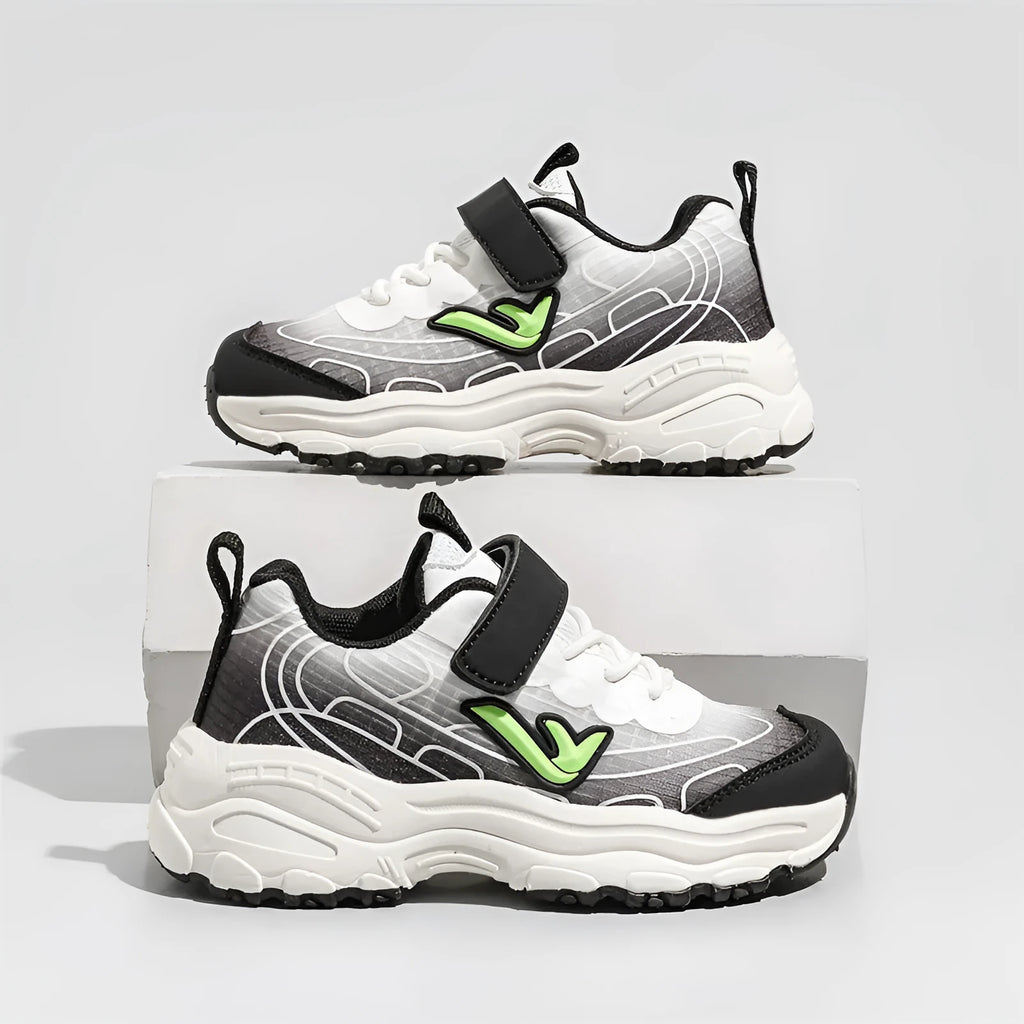 Children's black and purple striped lace-up sports shoes with mesh fabric upper and rubber sole