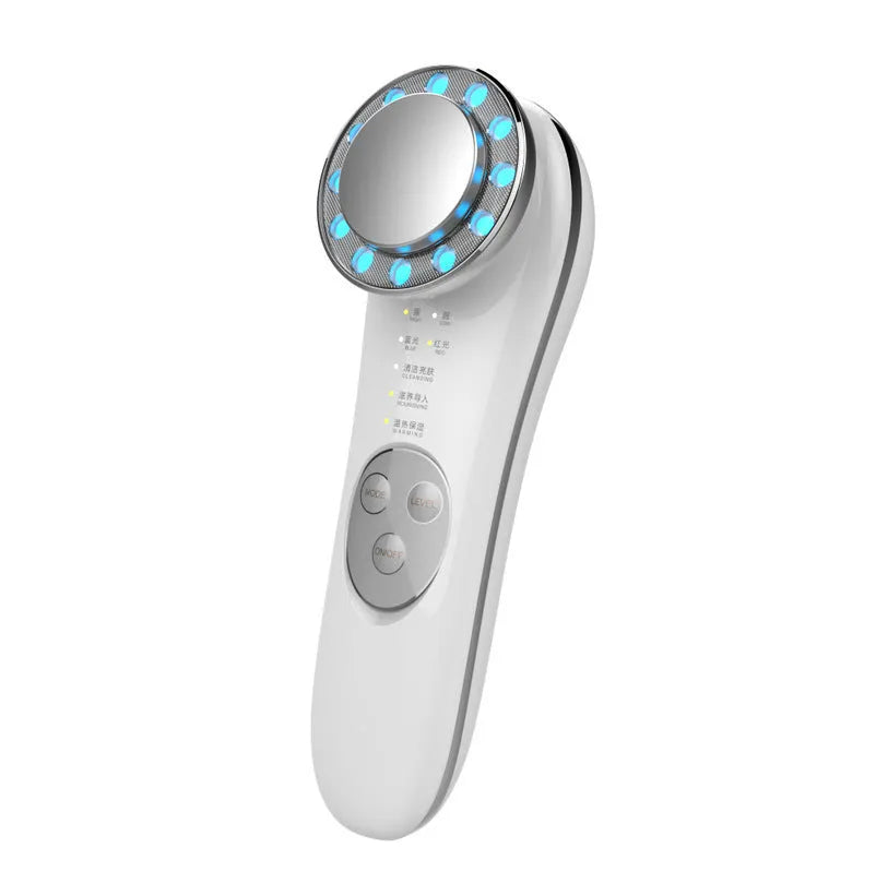 7 in 1 facial massager in platinum or silver with red blue light and EMS micro current, 45 x 55 x 151 mm