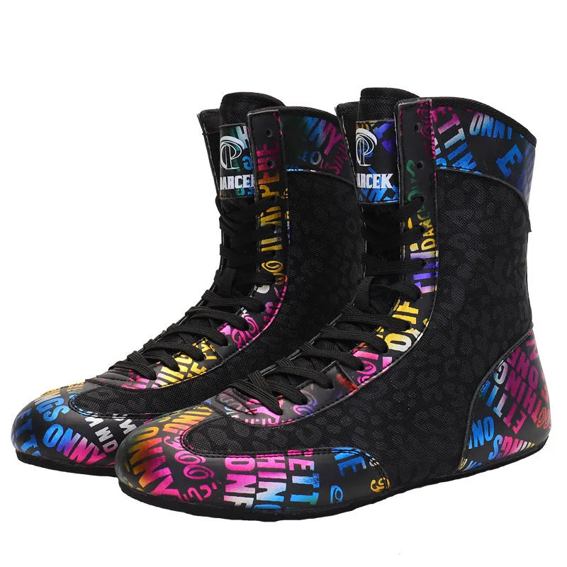 Mixed combat training high-top wrestling shoes in green, with mesh and leather upper and rubber sole.