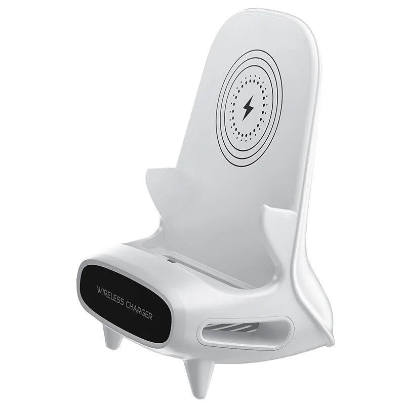 White vertical wireless charging stand for phones with Type-C input on a desk