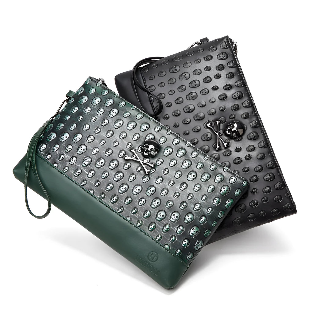Retro men's and women's skull clutch bag in black, waterproof PU leather, geometric pattern, handheld style