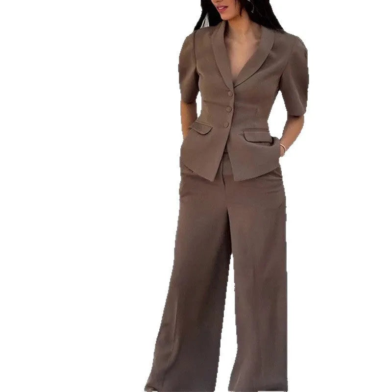 Brown polyester slim fit suit jacket and trousers set on a hanger