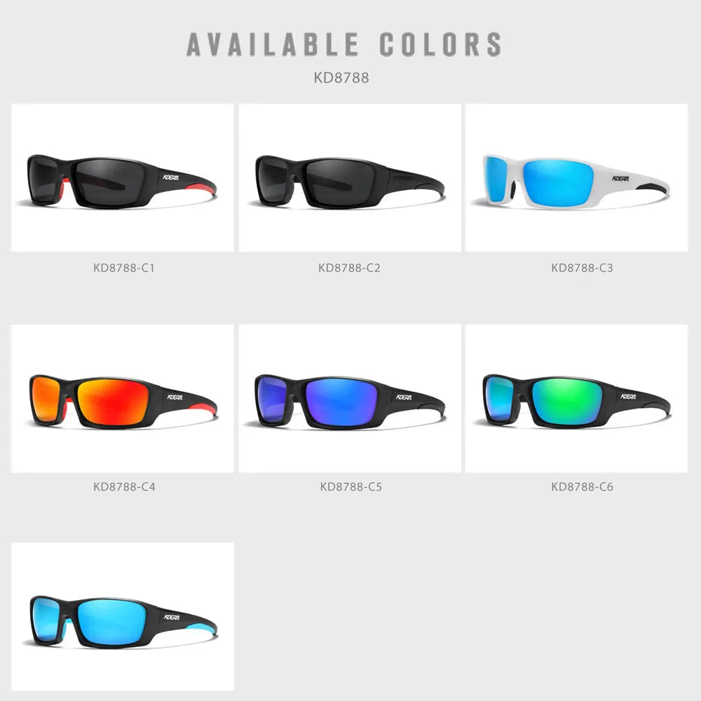Ultralight polarised sports sunglasses with TR90 frame in assorted colours on a plain background.