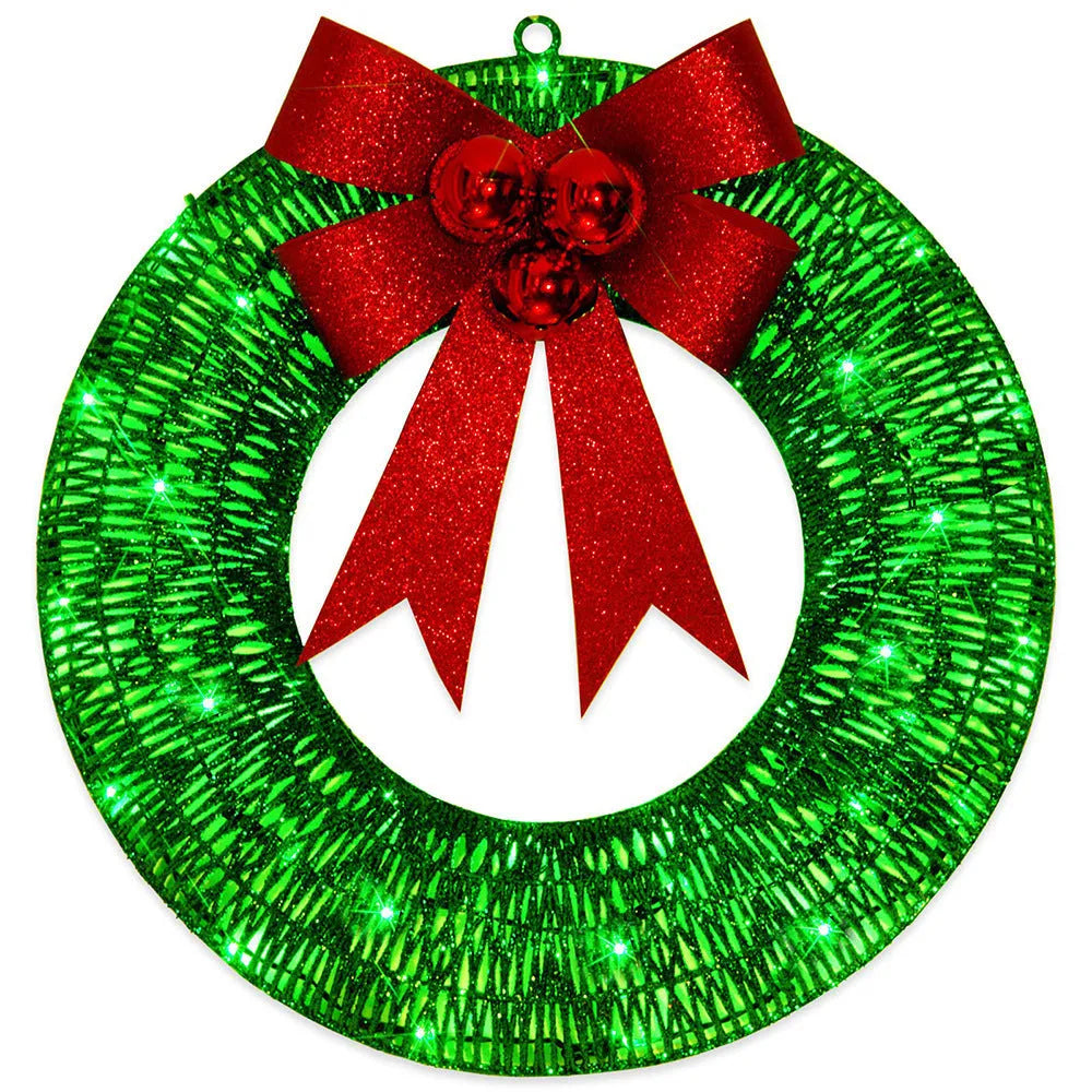 Gold and green 50cm LED Christmas wreath with large fabric bowknot and warm white lights