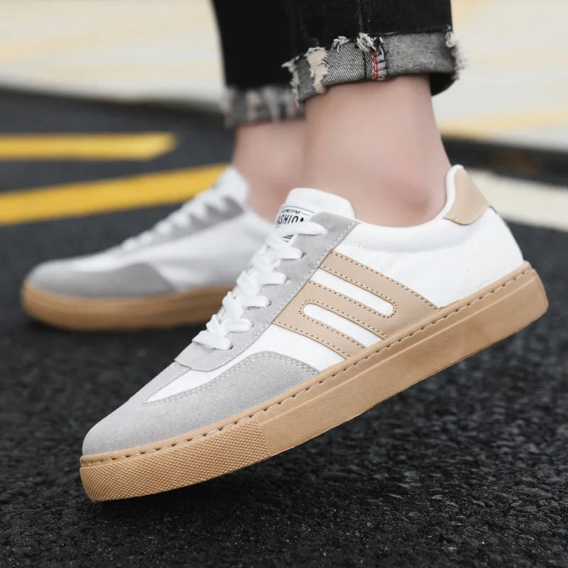 Men's cotton cloth casual sneakers board shoes round toe lace-up in white and black colour
