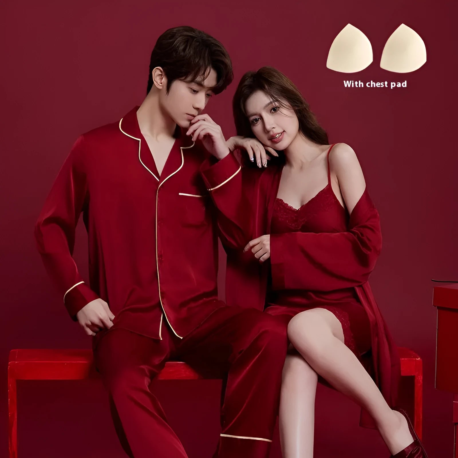 Red ice silk polyester wedding dowry suit set for men and women with long sleeves