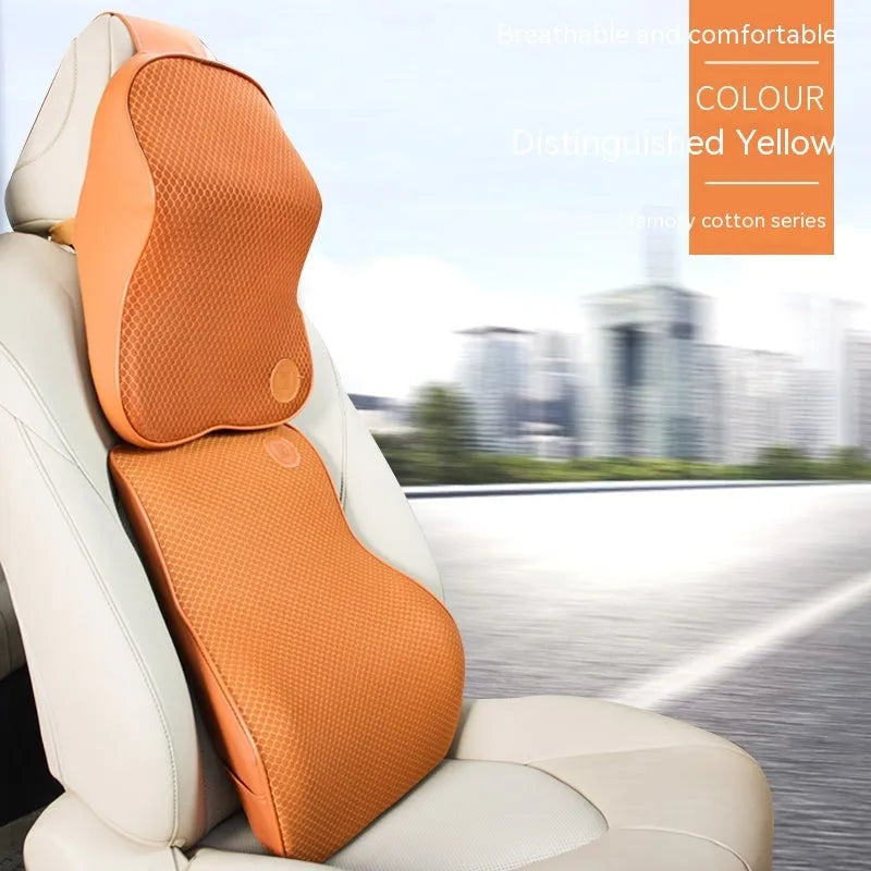 Memory foam automotive headrest pillow and separate lumbar support pillow in a choice of colours.