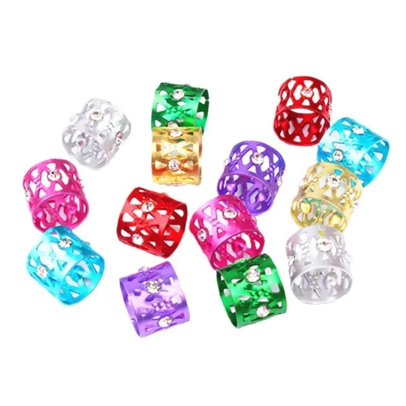 Aluminium wig decoration hair ring with jeweled details in multiple colour options on a white background.