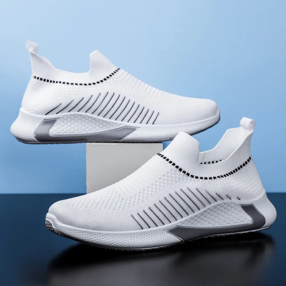 Men's breathable mesh sock shoes with flyknit upper and striped design in low-top slip-on style