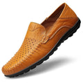 Men's slip-on business shoes with hollowed-out perforated pigskin leather upper in black colour