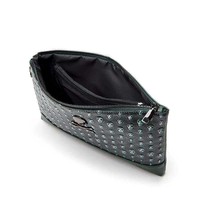 Retro men's and women's skull clutch bag in black, waterproof PU leather, geometric pattern, handheld style