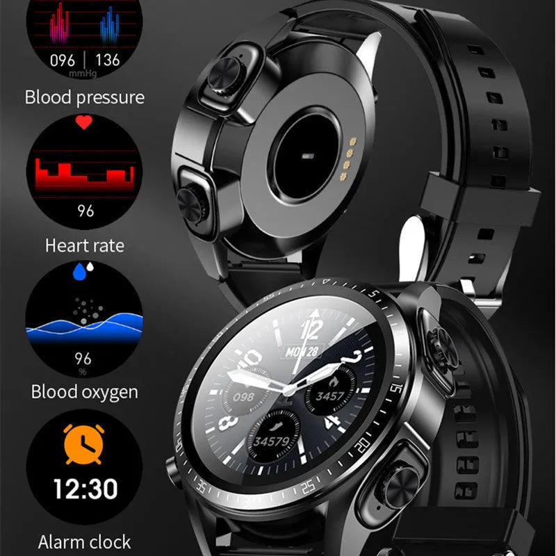 Black multifunctional smart bracelet watch with round plain dial and stainless steel case on light background