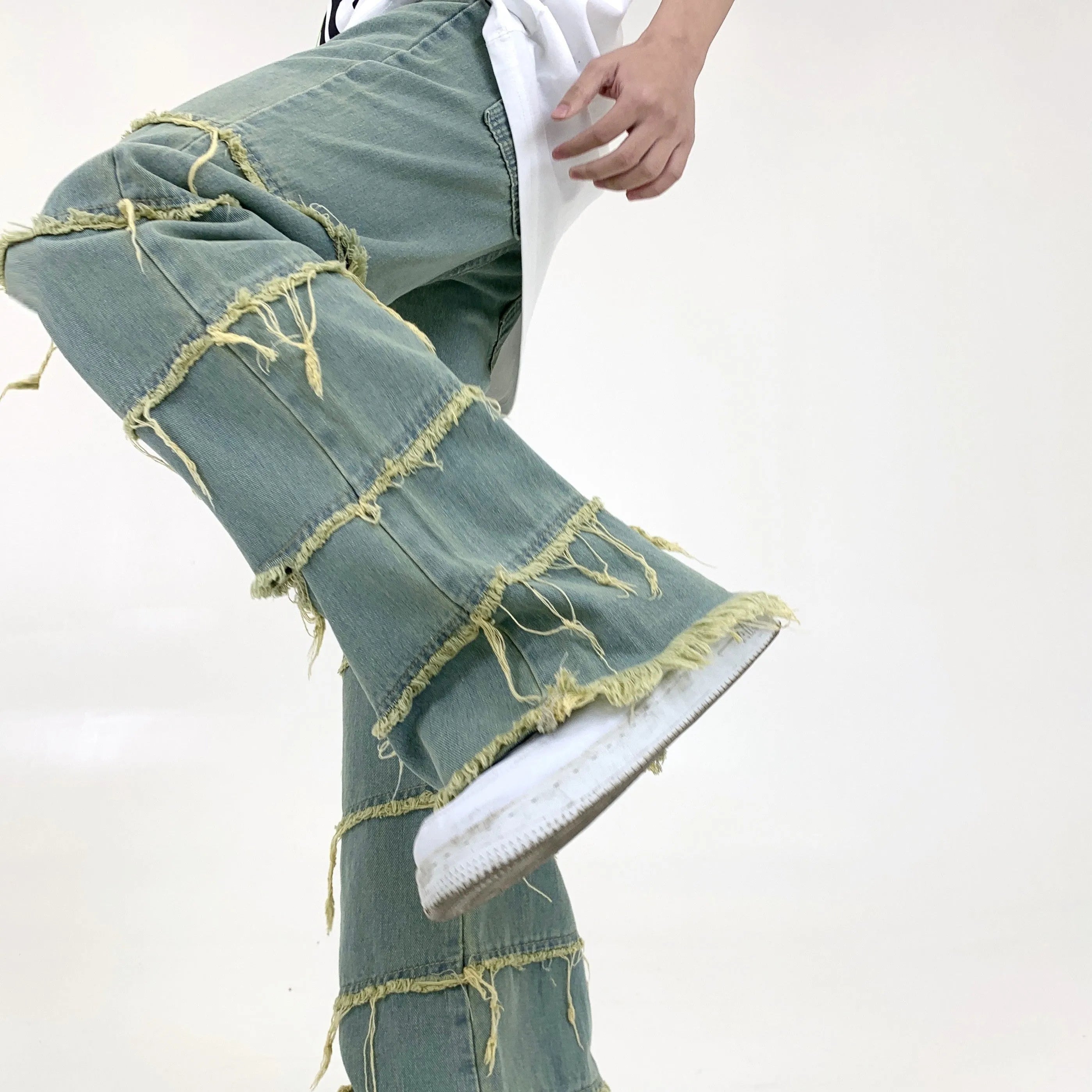 Men's green retro washed raw denim straight leg jeans