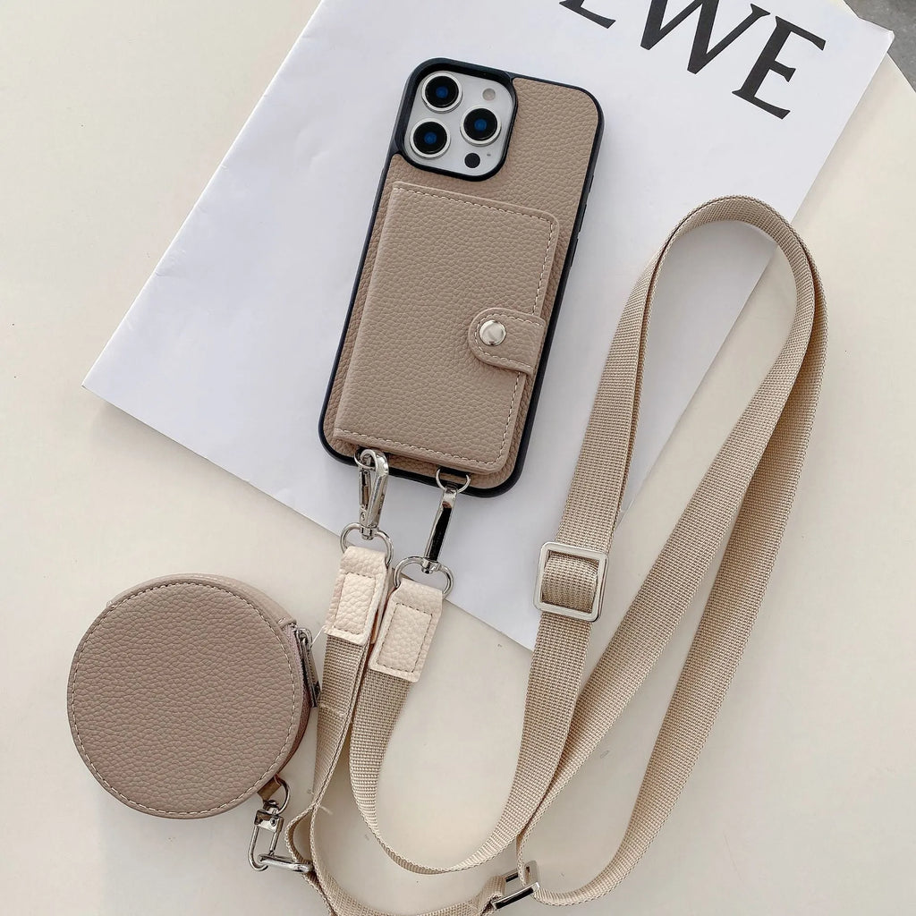 Slim black PC leather iPhone case with a built-in card slot and a lanyard loop on the corner.